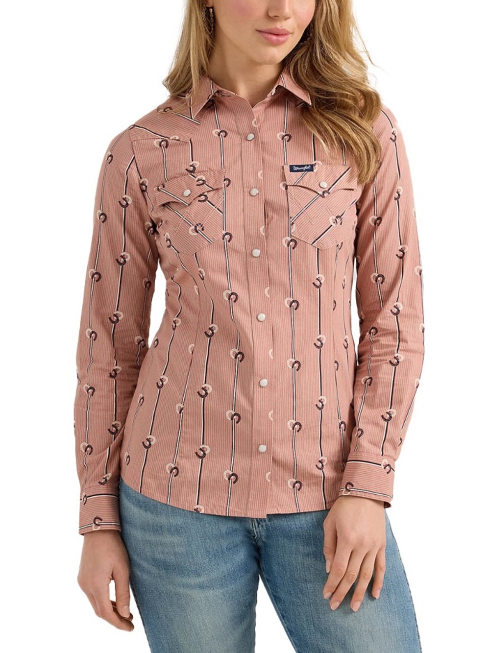 NWT Women’s Wrangler Retro Horseshoe Stripe Pearl Snap Long Sleeve Shirt Size L